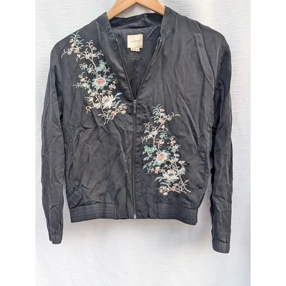 A Moss Womens Full Zip Floral‎ Embroidered Bomber Jacket XS Black Lyocell Blend